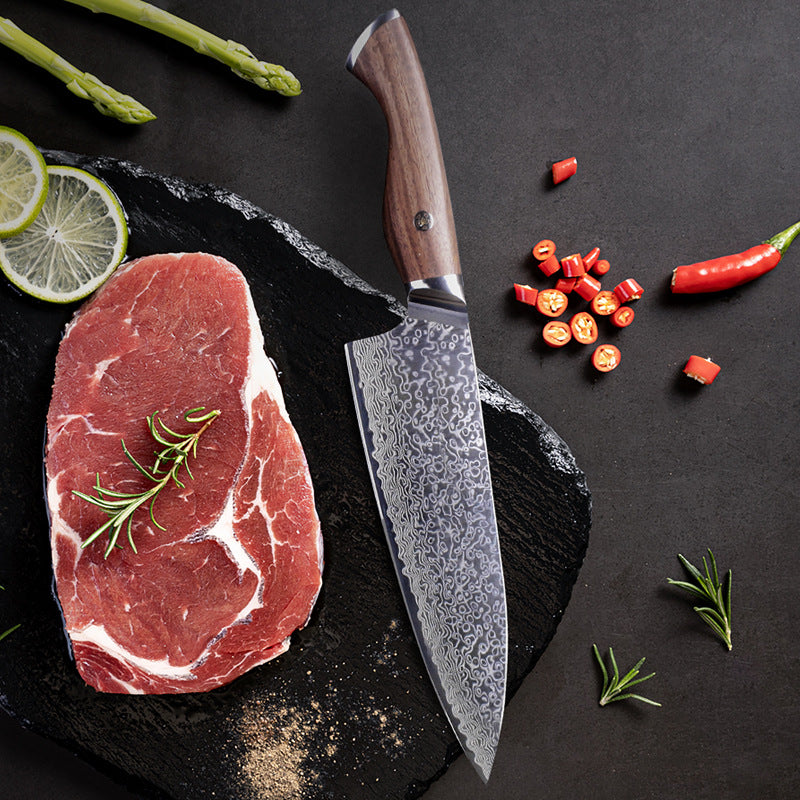 Curved Grip Damascus Steel Chefs Knife