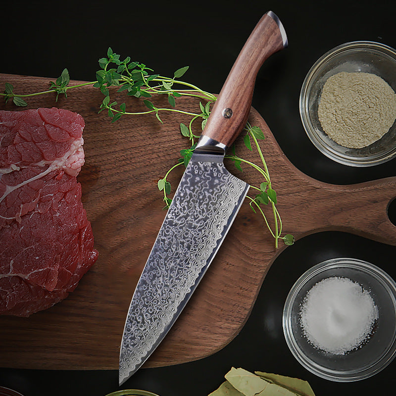 Curved Grip Damascus Steel Chefs Knife
